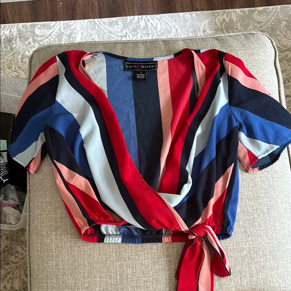 Women's Striped Wrap Top - Red, Blue, White